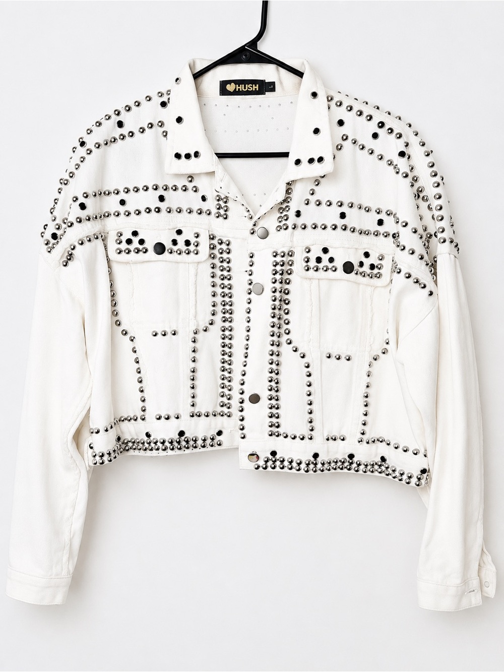HUSH Studded Denim Jacket White Cropped Moto Glam Western Rock Chic Size L Boho